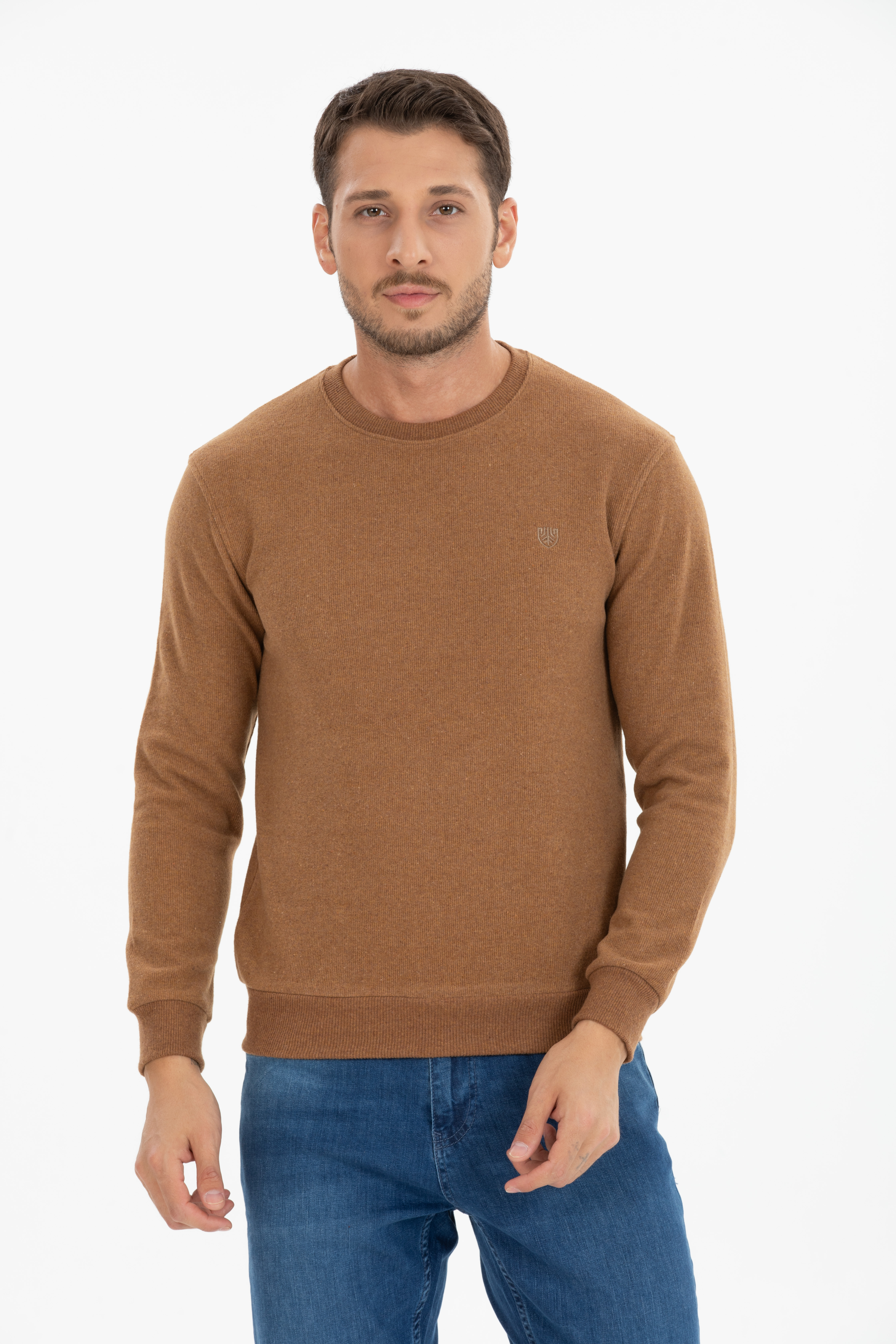 Basic 0 Yaka Model Camel Uzun Kollu Sweatshirt
