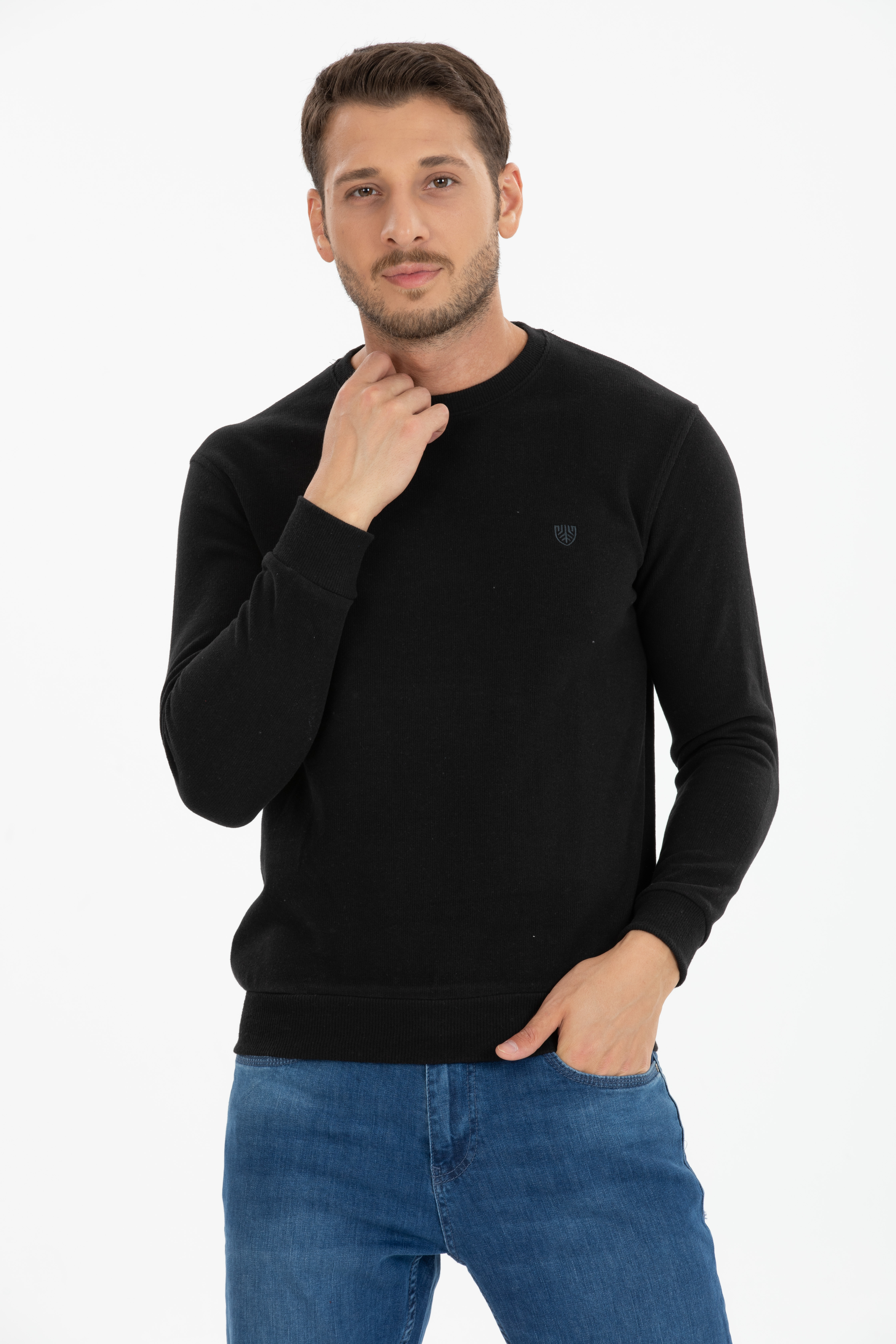 Basic 0 Yaka Model Siyah Uzun Kollu Sweatshirt