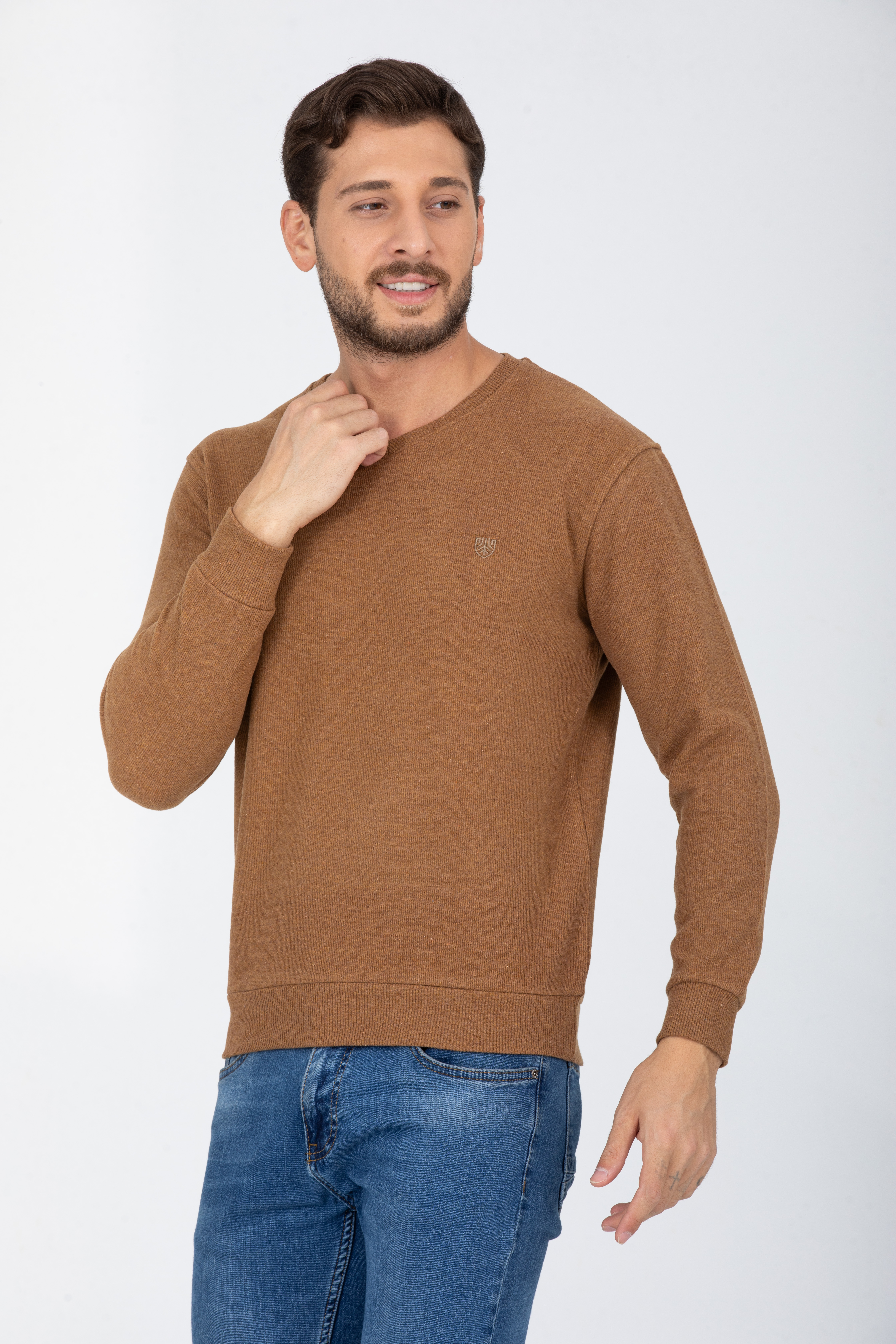 V Yaka Kamel Uzun Kollu Sweatshirt