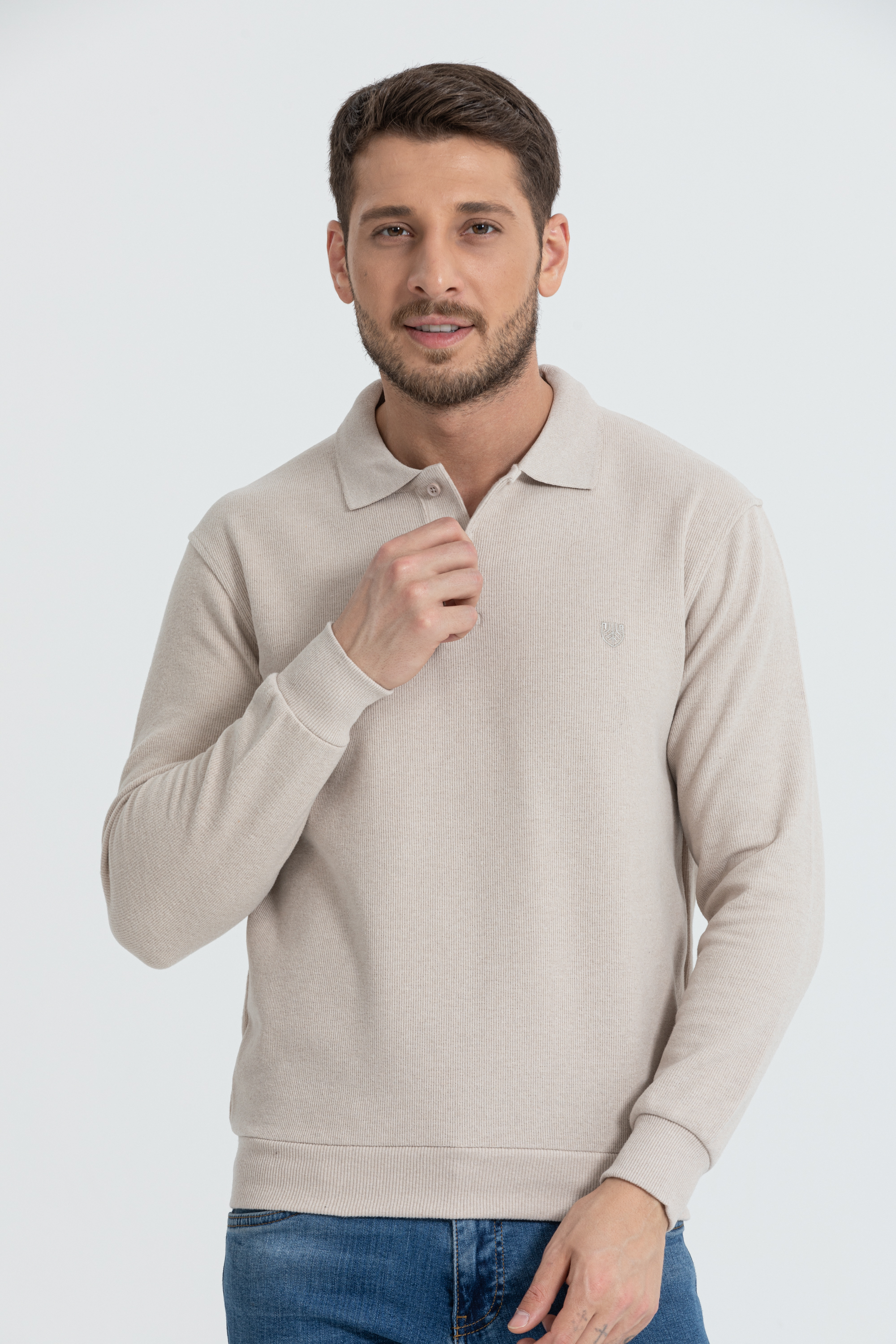 Polo Yaka Selanik Model Bej Uzun Kollu Sweatshirt