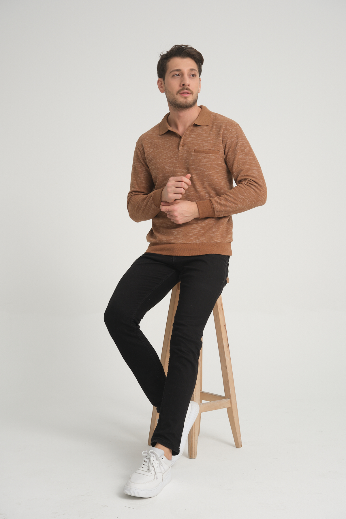 Polo Yaka Cepli Hardal Flamlı Erkek Regular Fit  Kışlık Sweatshirt