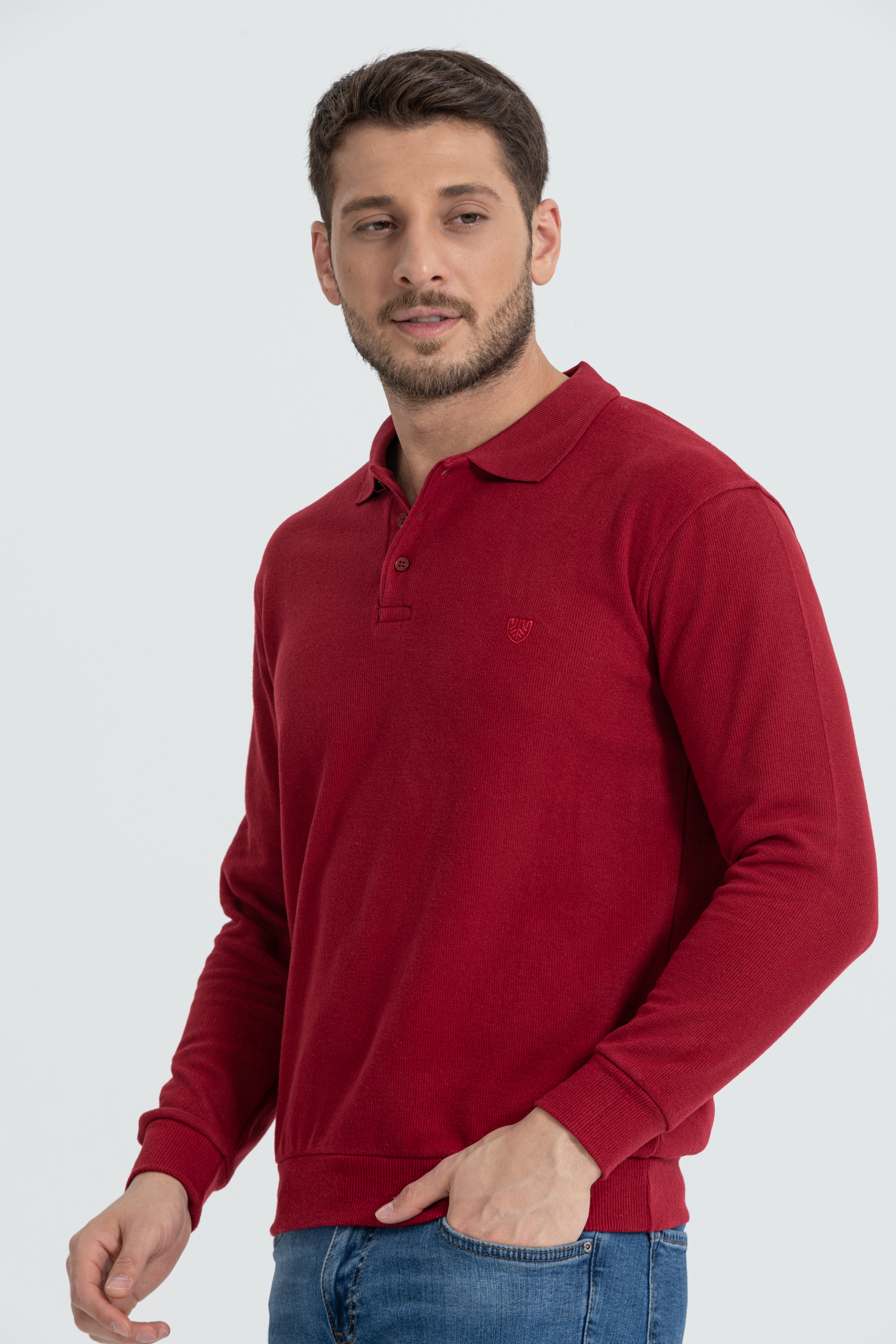 Polo Yaka Selanik Model Bordo Uzun Kollu Sweatshirt