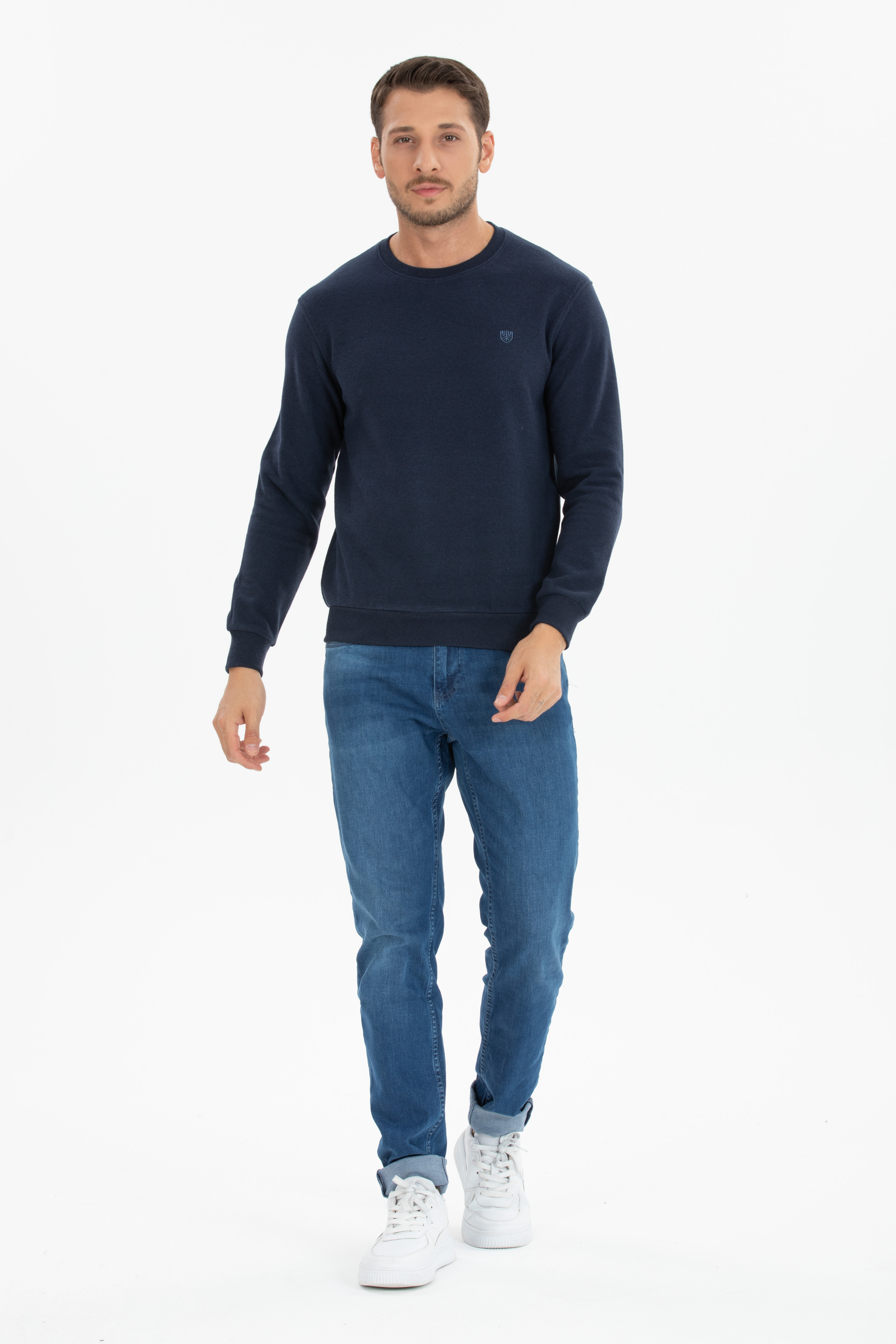 Basic 0 Yaka Model Lacivert Uzun Kollu Sweatshirt