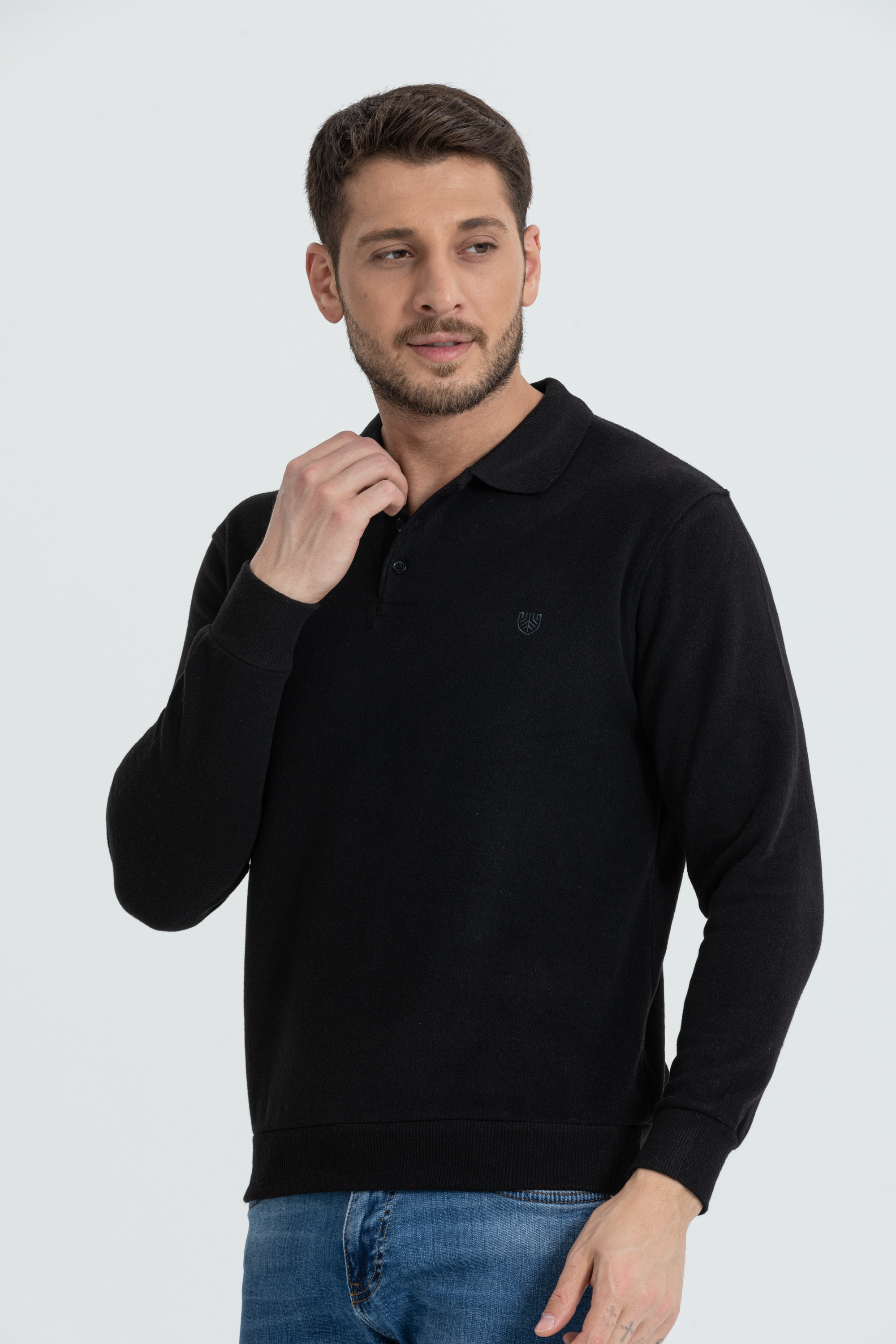Polo Yaka Selanik Model Siyah Uzun Kollu Sweatshirt