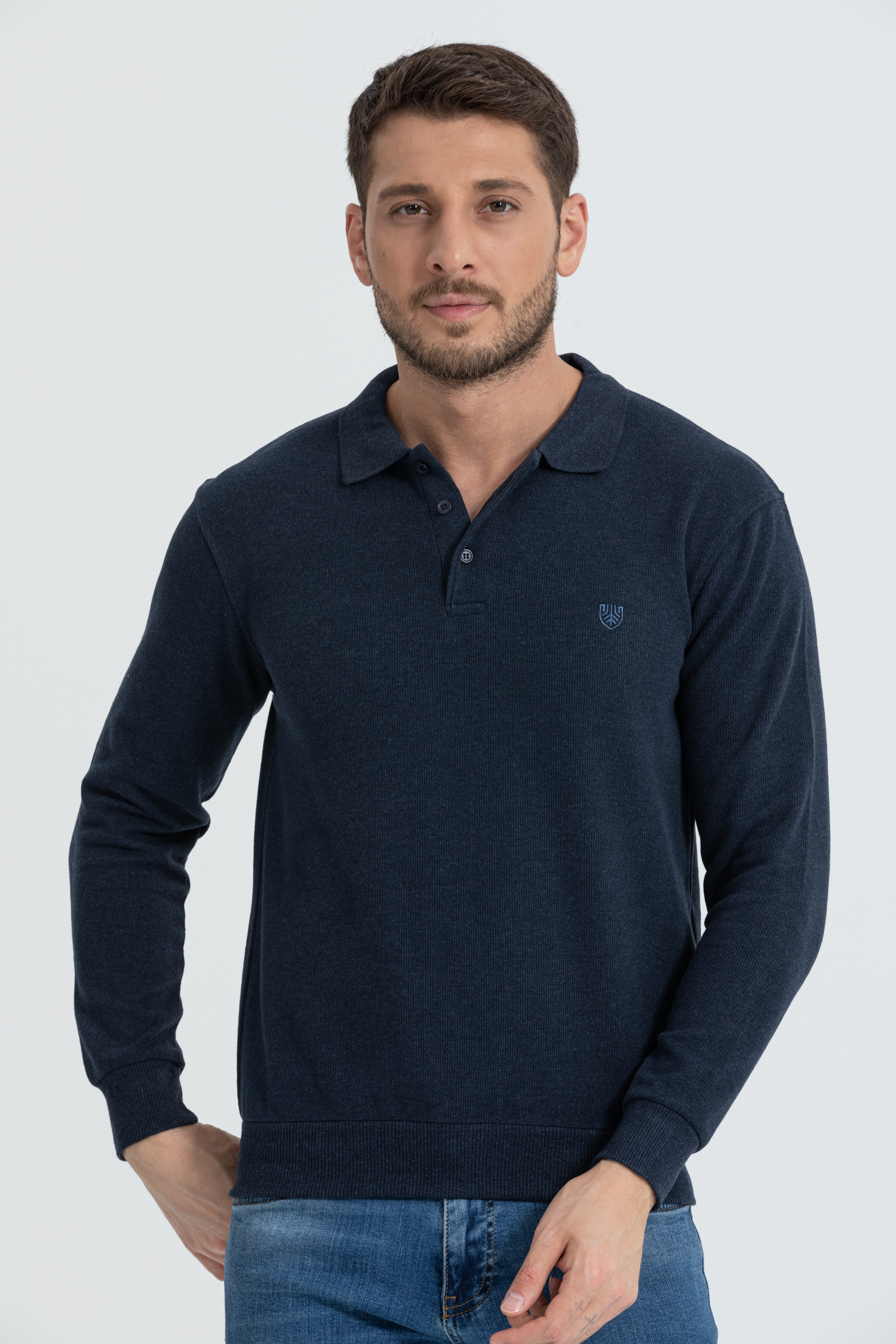 Polo Yaka Selanik Model İndigo Uzun Kollu Sweatshirt