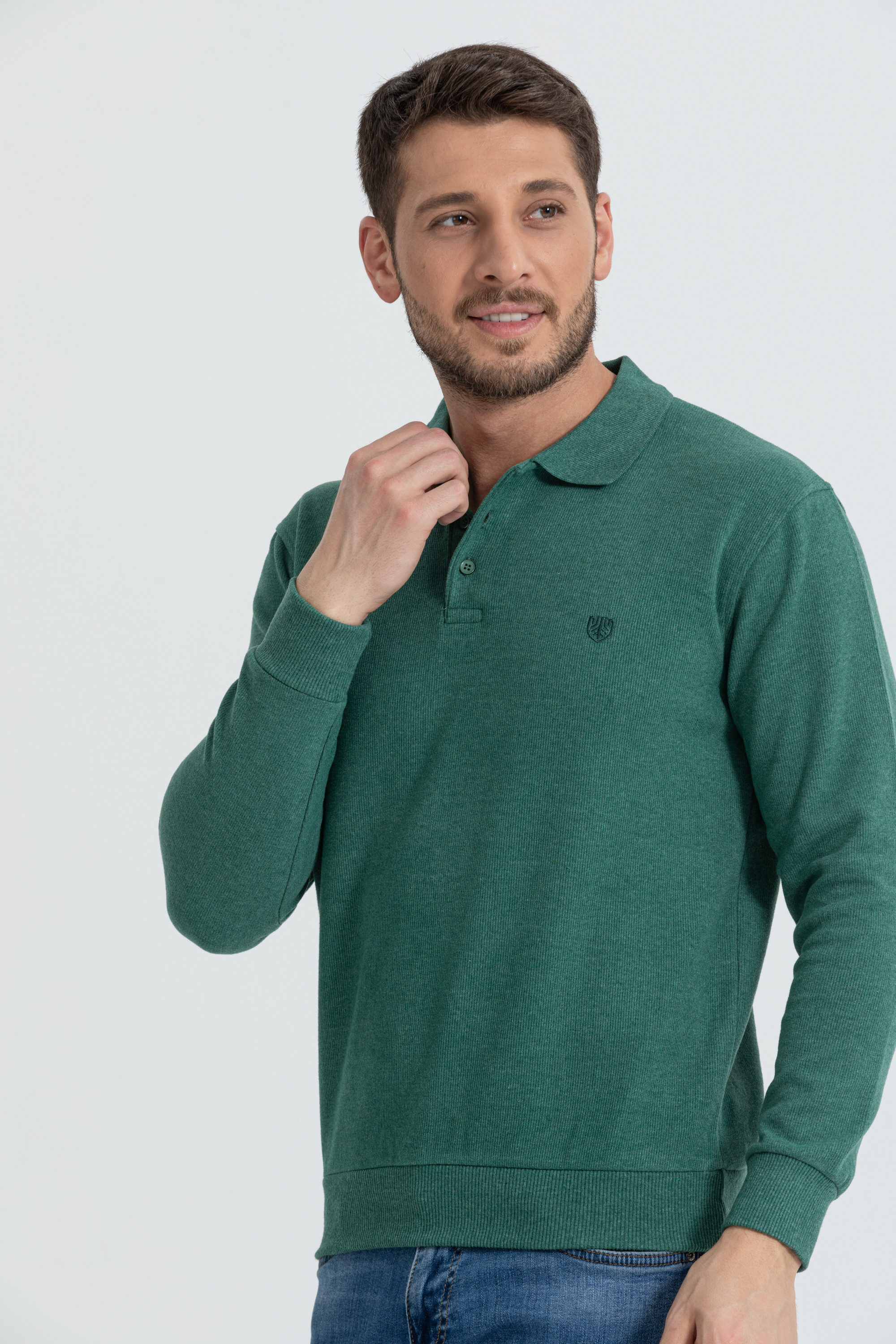 Polo Yaka Selanik Model Yeşil Uzun Kollu Sweatshirt