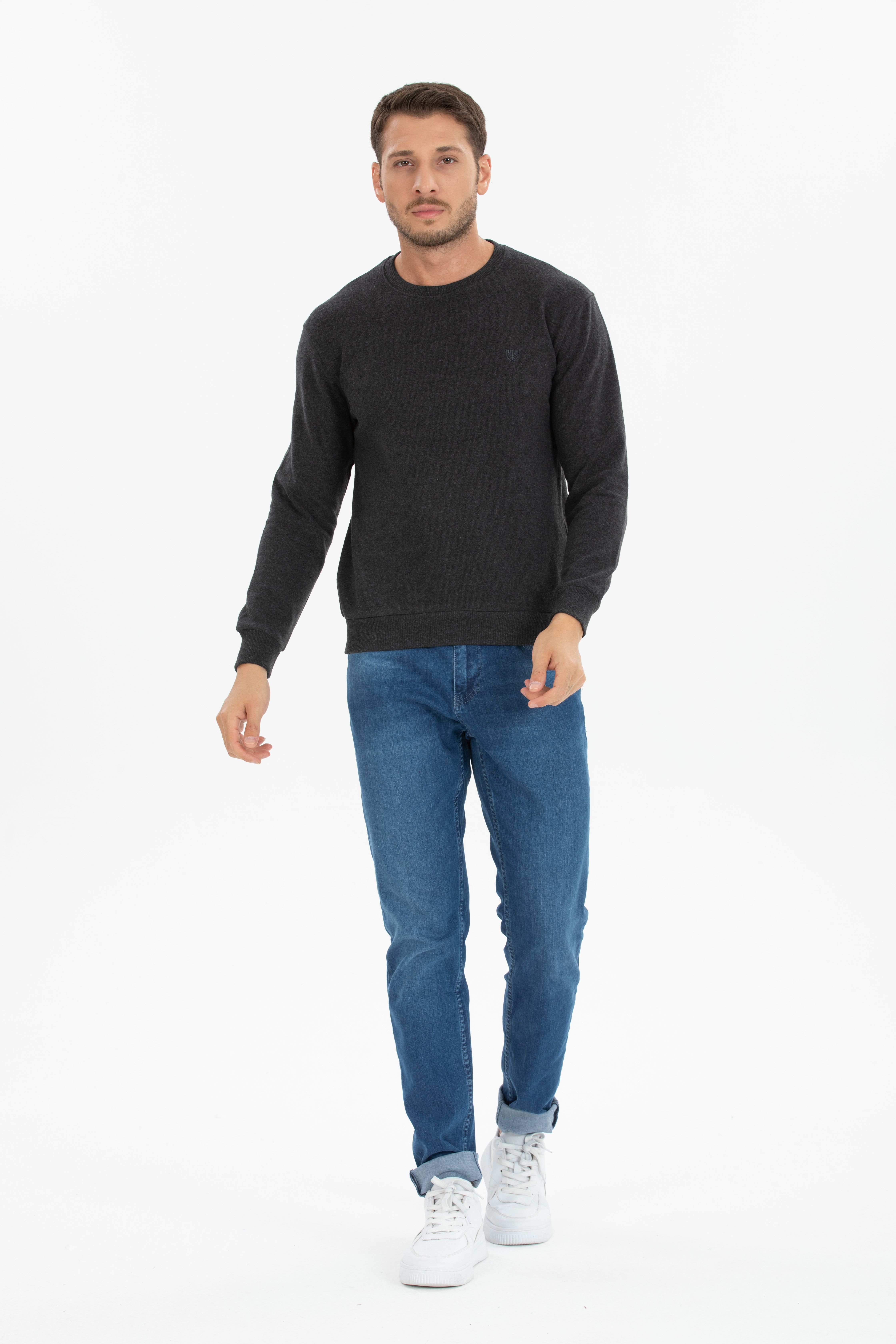 Basic 0 Yaka Model Antrasit Uzun Kollu Sweatshirt