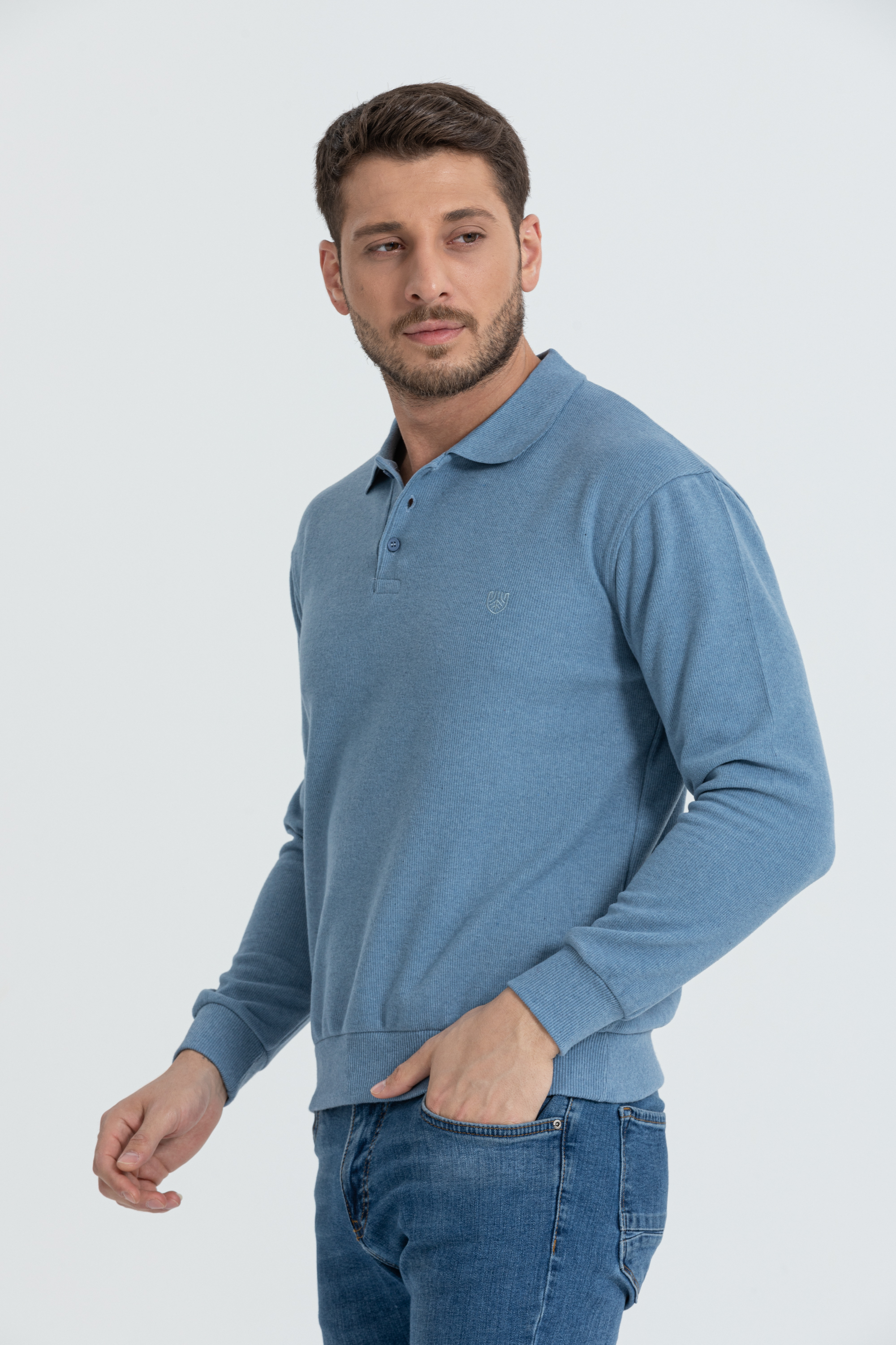 Polo Yaka Selanik Model Mavi Uzun Kollu Sweatshirt