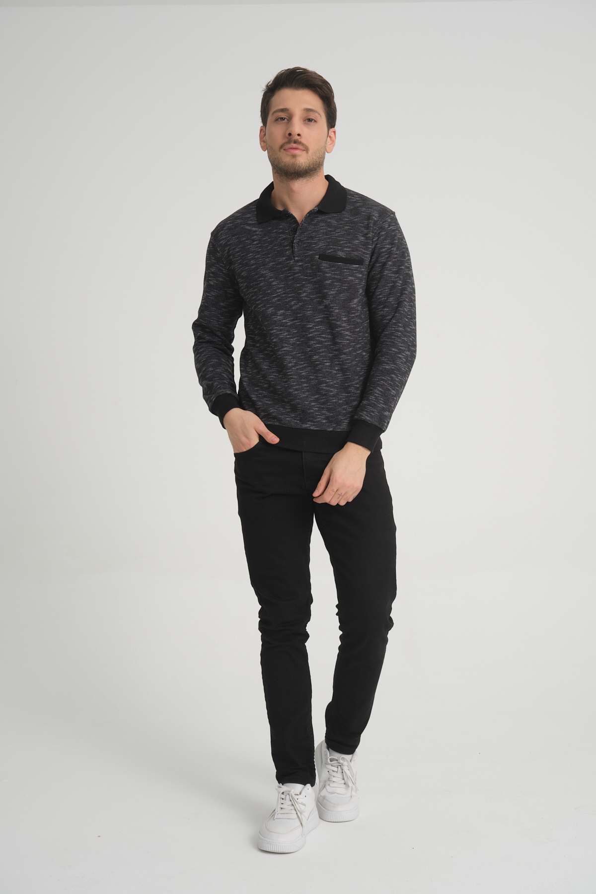 Polo Yaka Cepli Siyah Flamlı Erkek Regular Fit Kışlık Sweatshirt