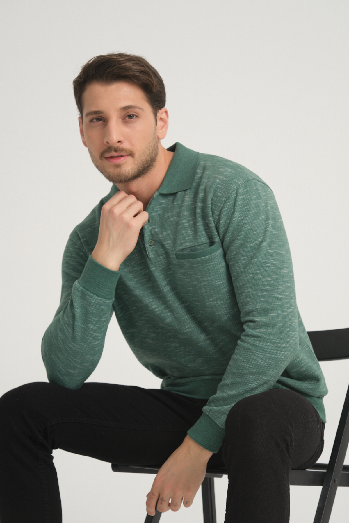 Polo Yaka Cepli Yeşil Flamlı Erkek Regular Fit Kışlık Sweatshirt