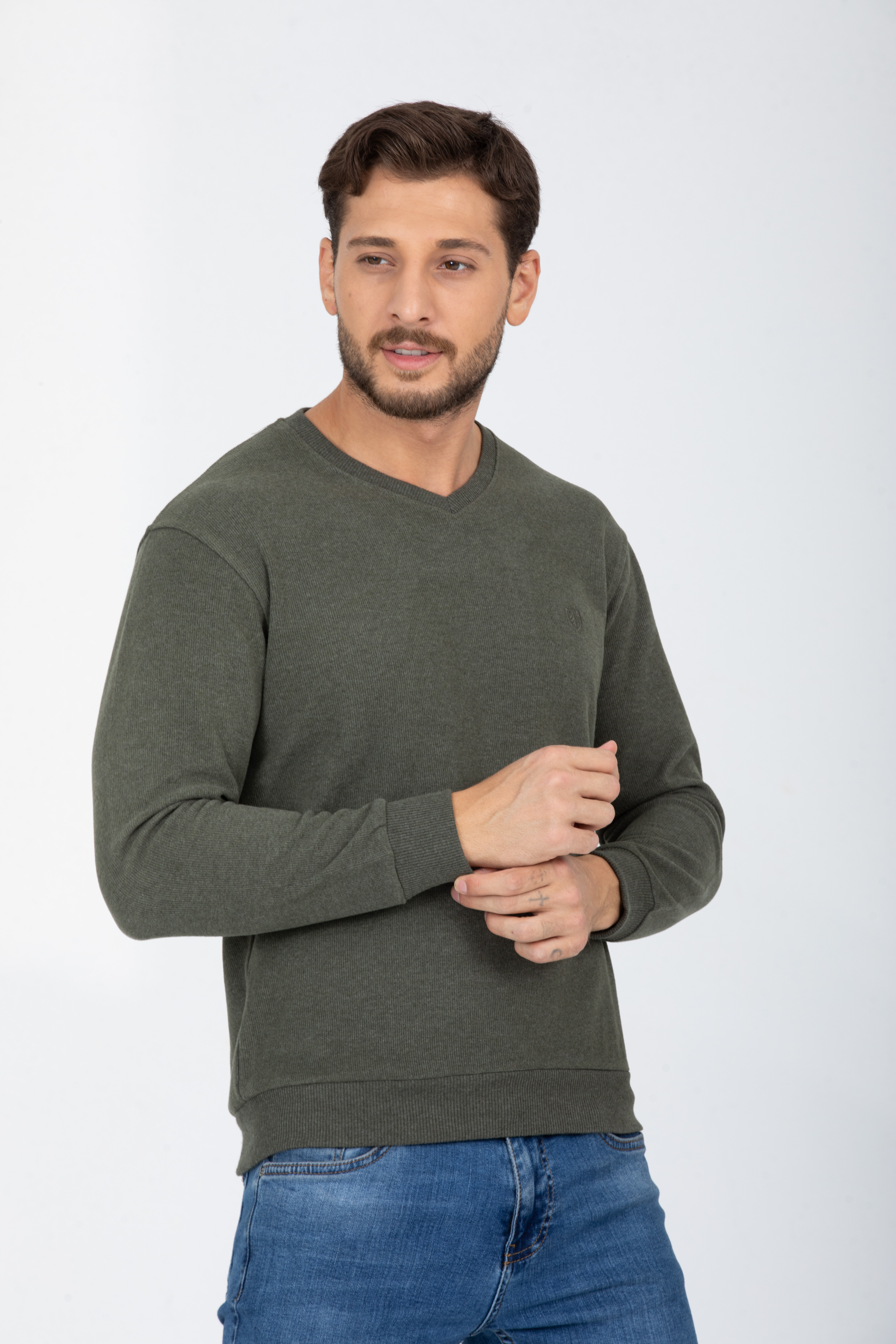 V Yaka Haki Uzun Kollu Sweatshirt