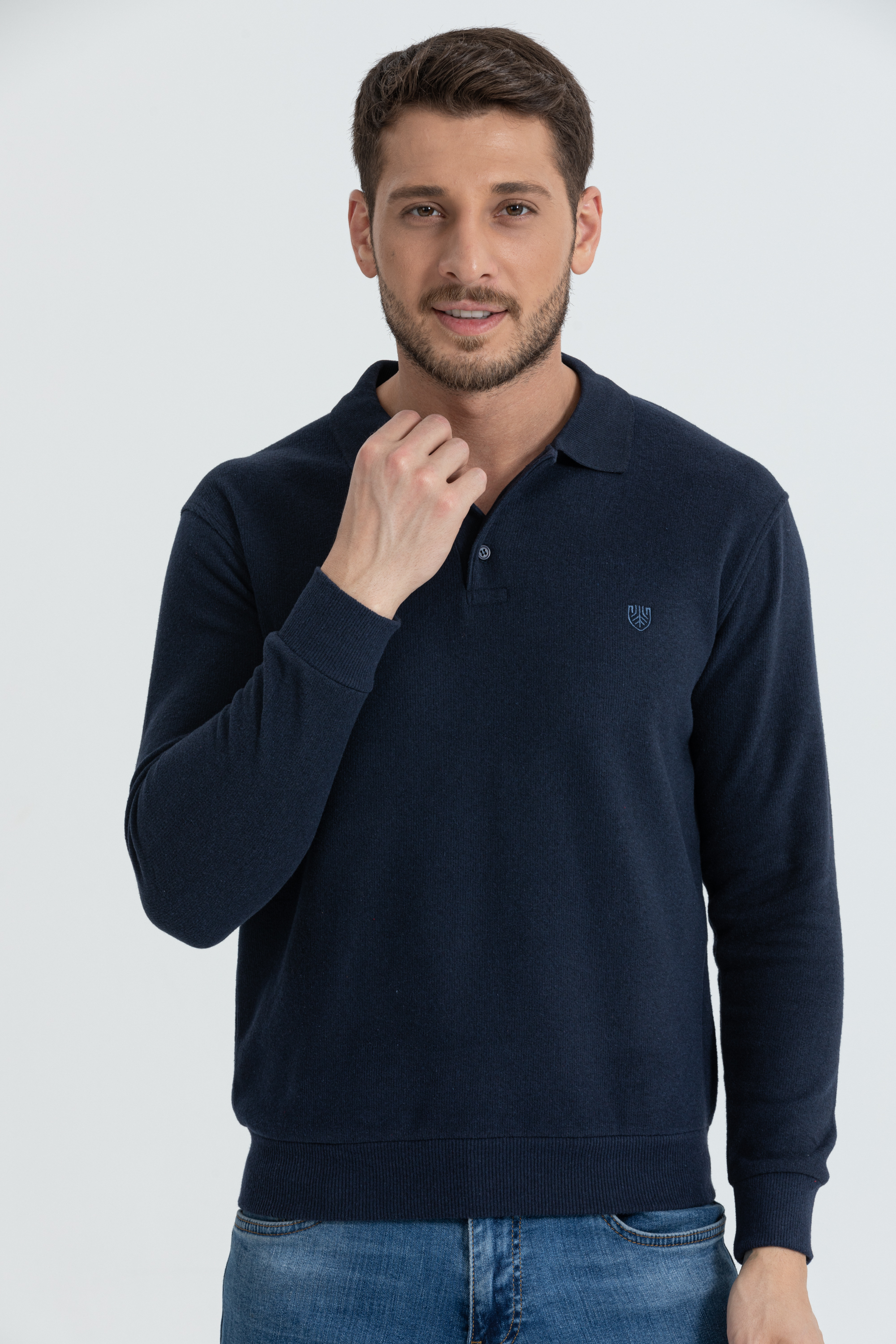 Polo Yaka Selanik Model Lacivert Uzun Kollu Sweatshirt