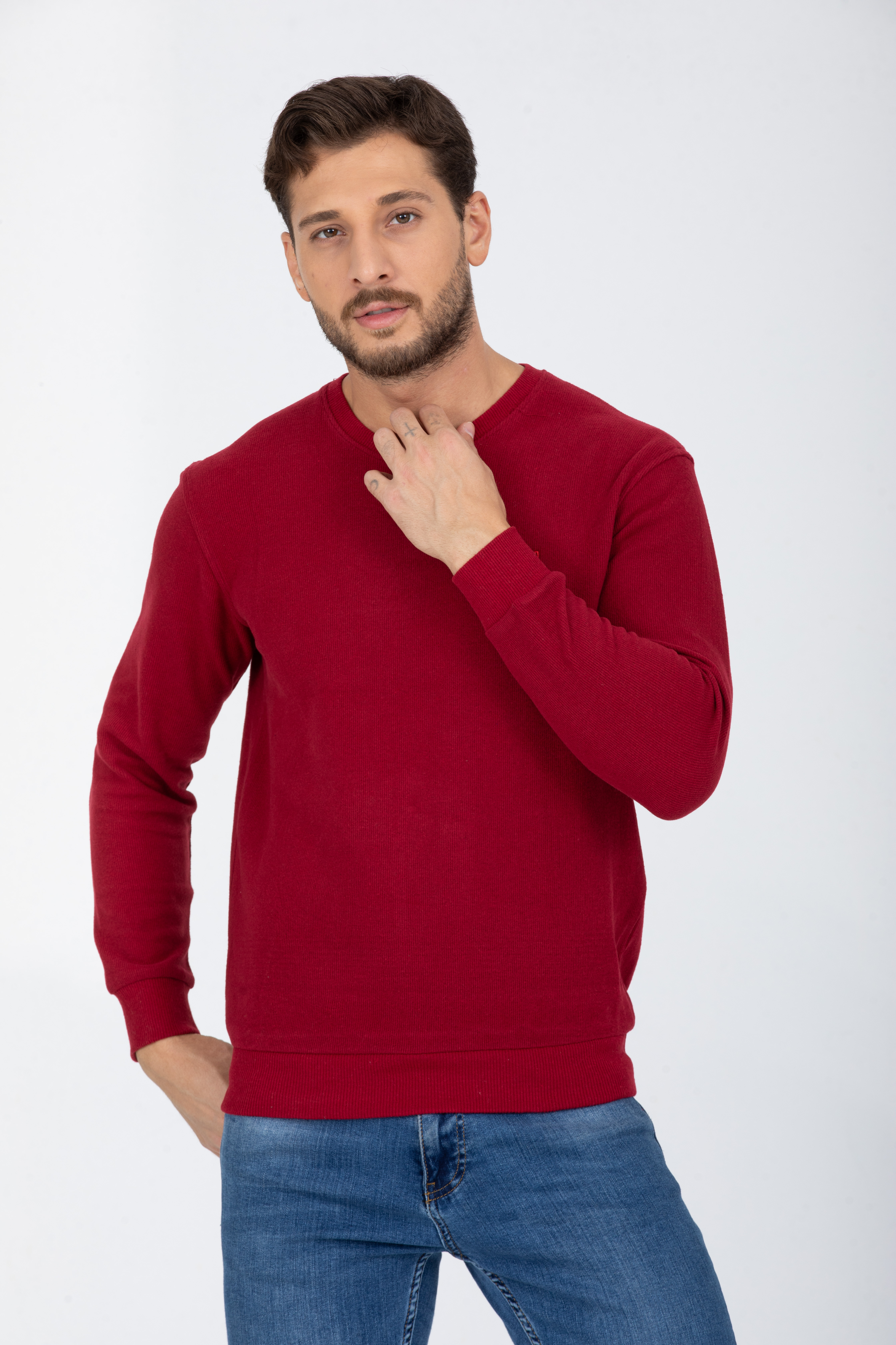 V Yaka Bordo Uzun Kollu Sweatshirt
