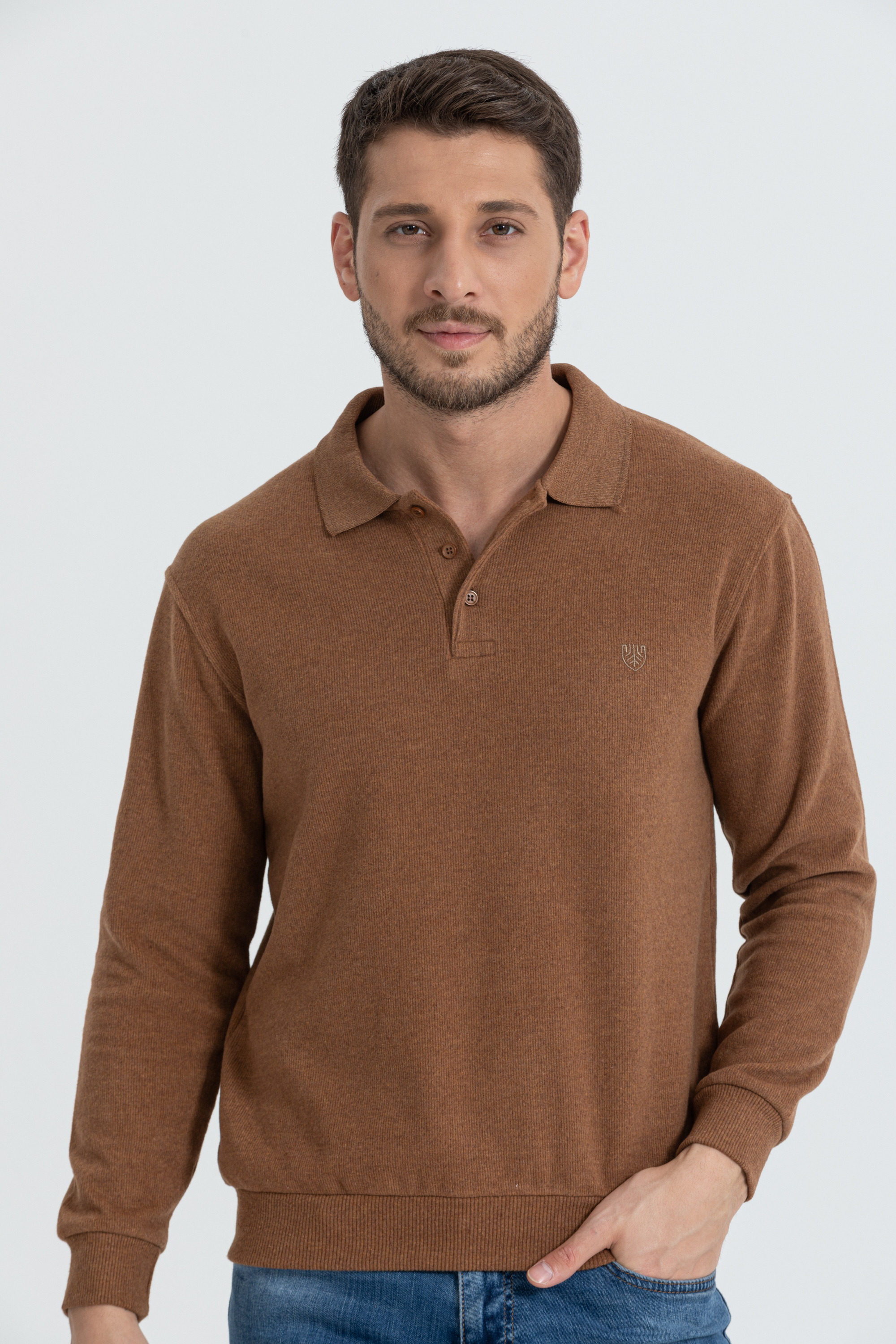 Polo Yaka Selanik Model Camel Uzun Kollu Sweatshirt
