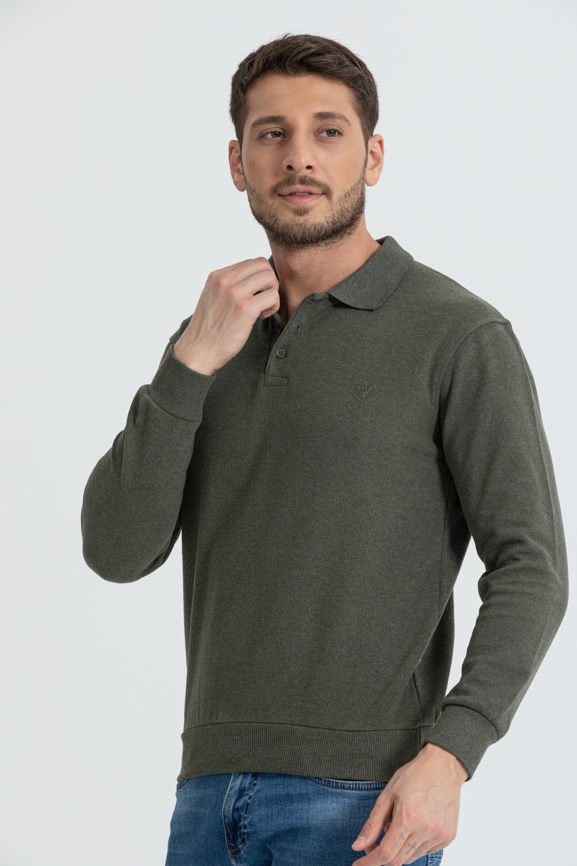 Polo Yaka Selanik Model Haki Uzun Kollu Sweatshirt