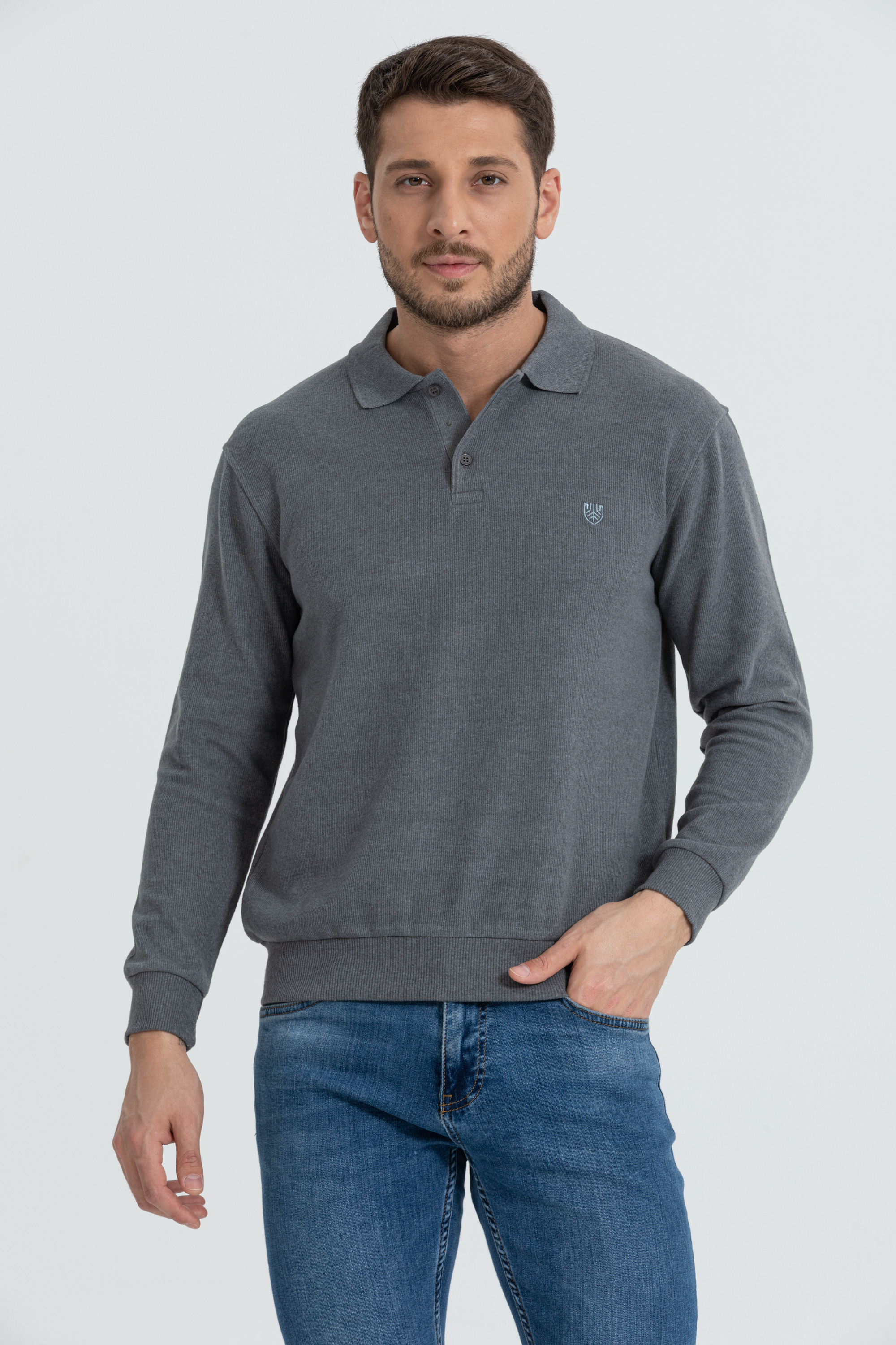 Polo Yaka Selanik Model Koyu Gri Uzun Kollu Sweatshirt