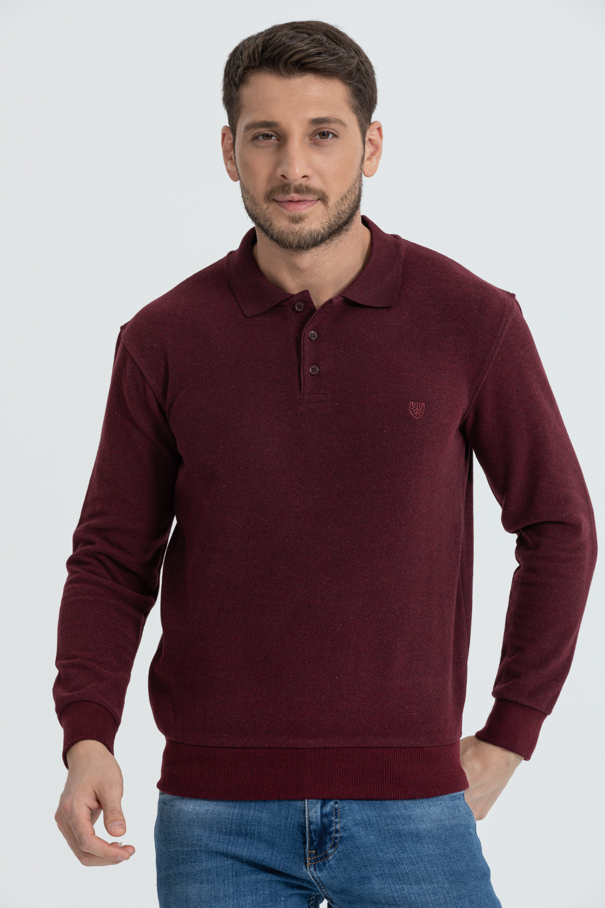 Polo Yaka Selanik Model Mürdüm Uzun Kollu Sweatshirt