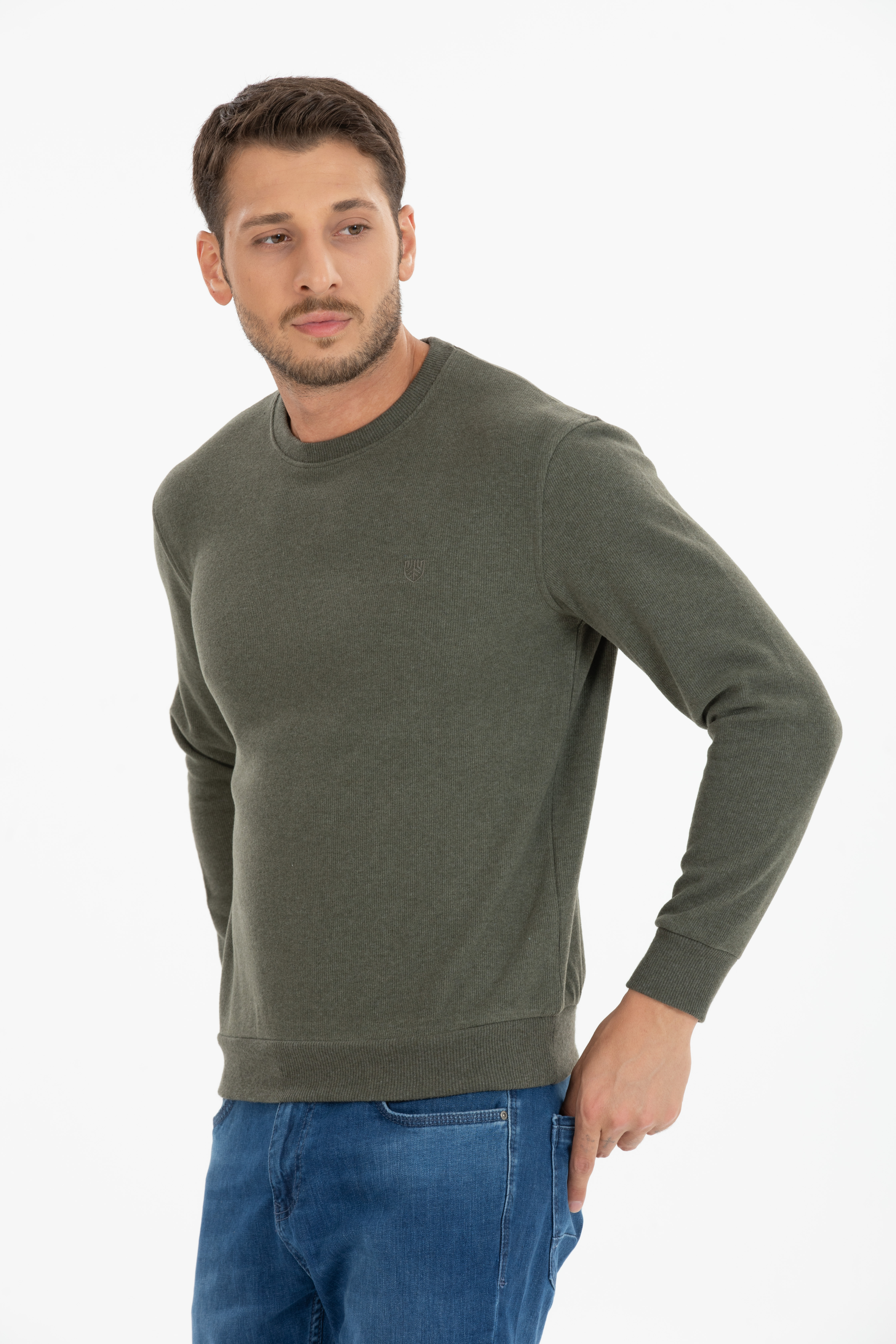Basic 0 Yaka Model Haki Uzun Kollu Sweatshirt