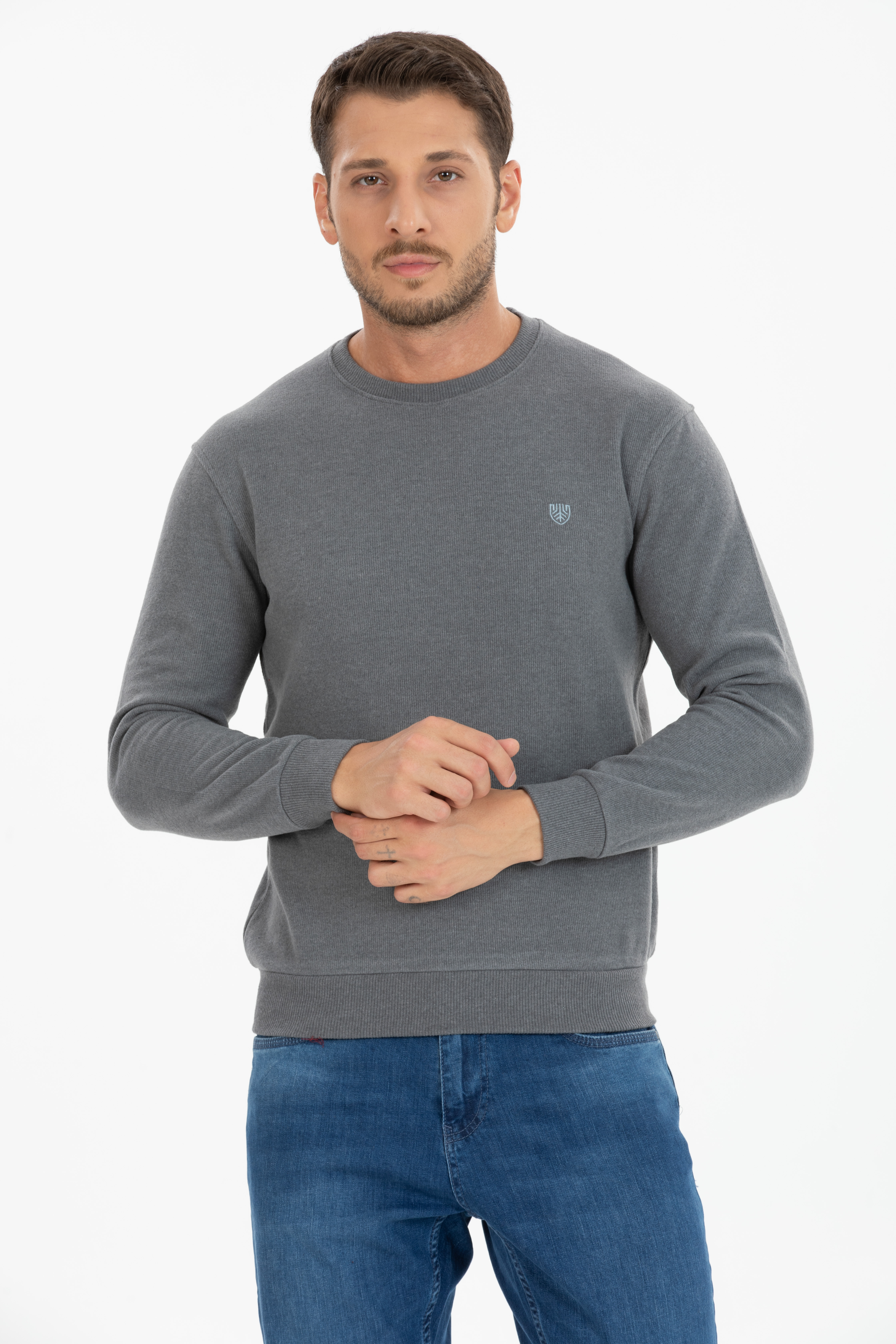 Basic 0 Yaka Model Koyu Gri Uzun Kollu Sweatshirt