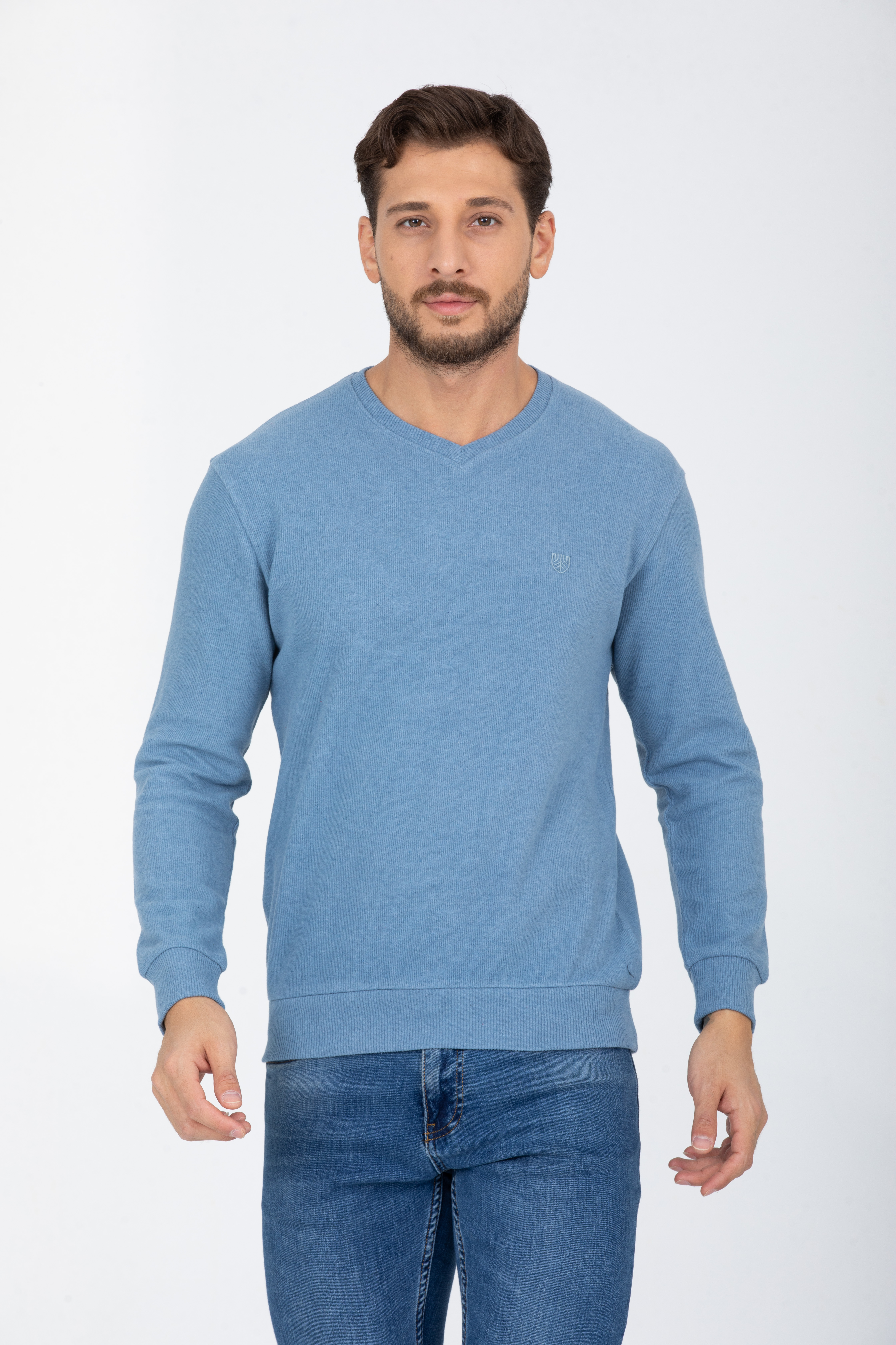 V Yaka Mavi Uzun Kollu Sweatshirt