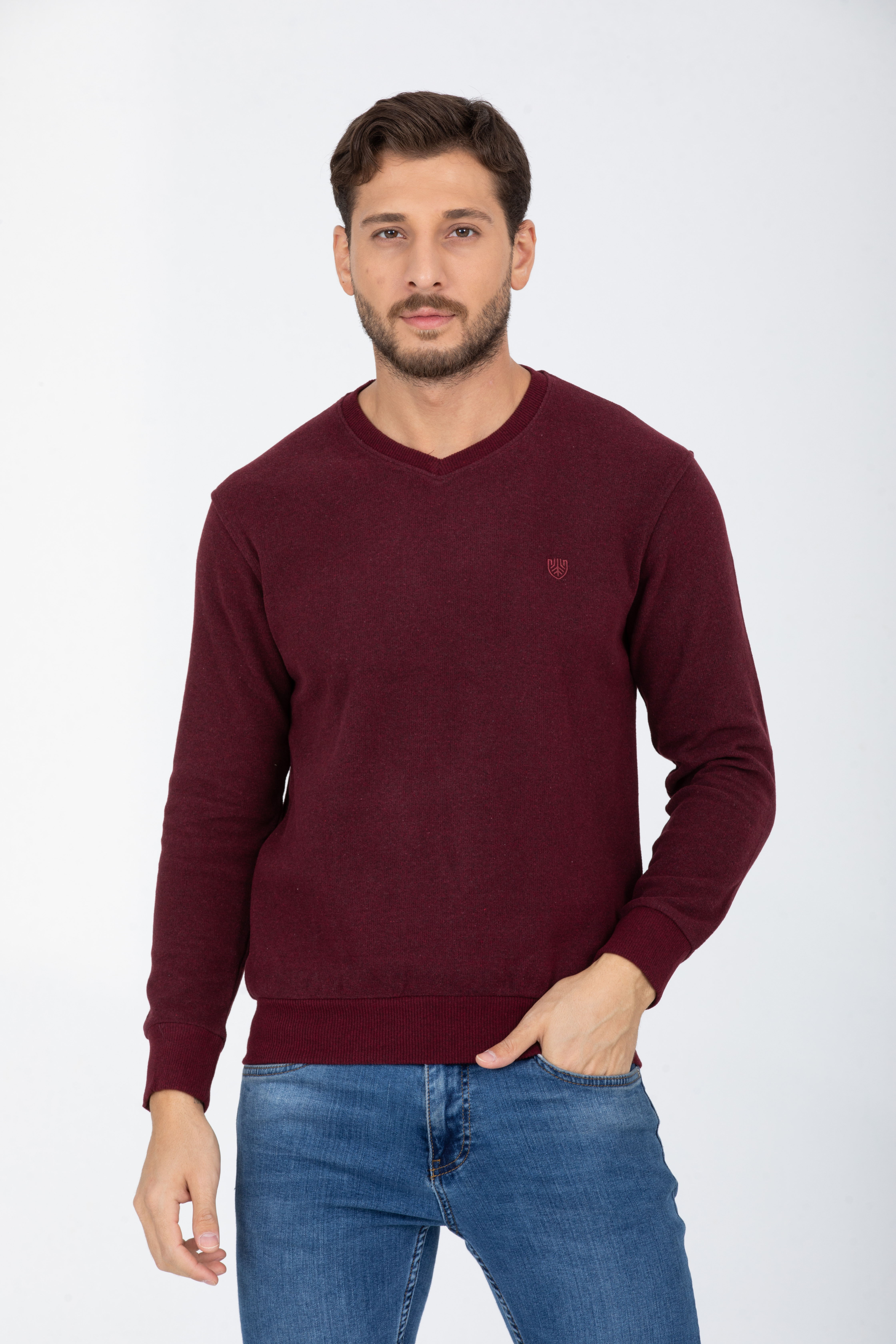 V Yaka Mürdüm Uzun Kollu Sweatshirt