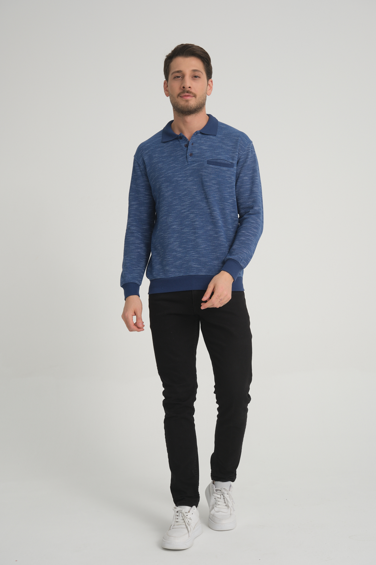 Polo Yaka Cepli Mavi Flamlı Erkek Regular Fit Kışlık Sweatshirt