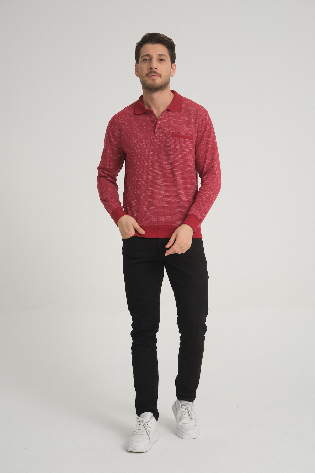 Polo Yaka Cepli Bordo Flamlı Erkek Regular Fit  Sweatshirt