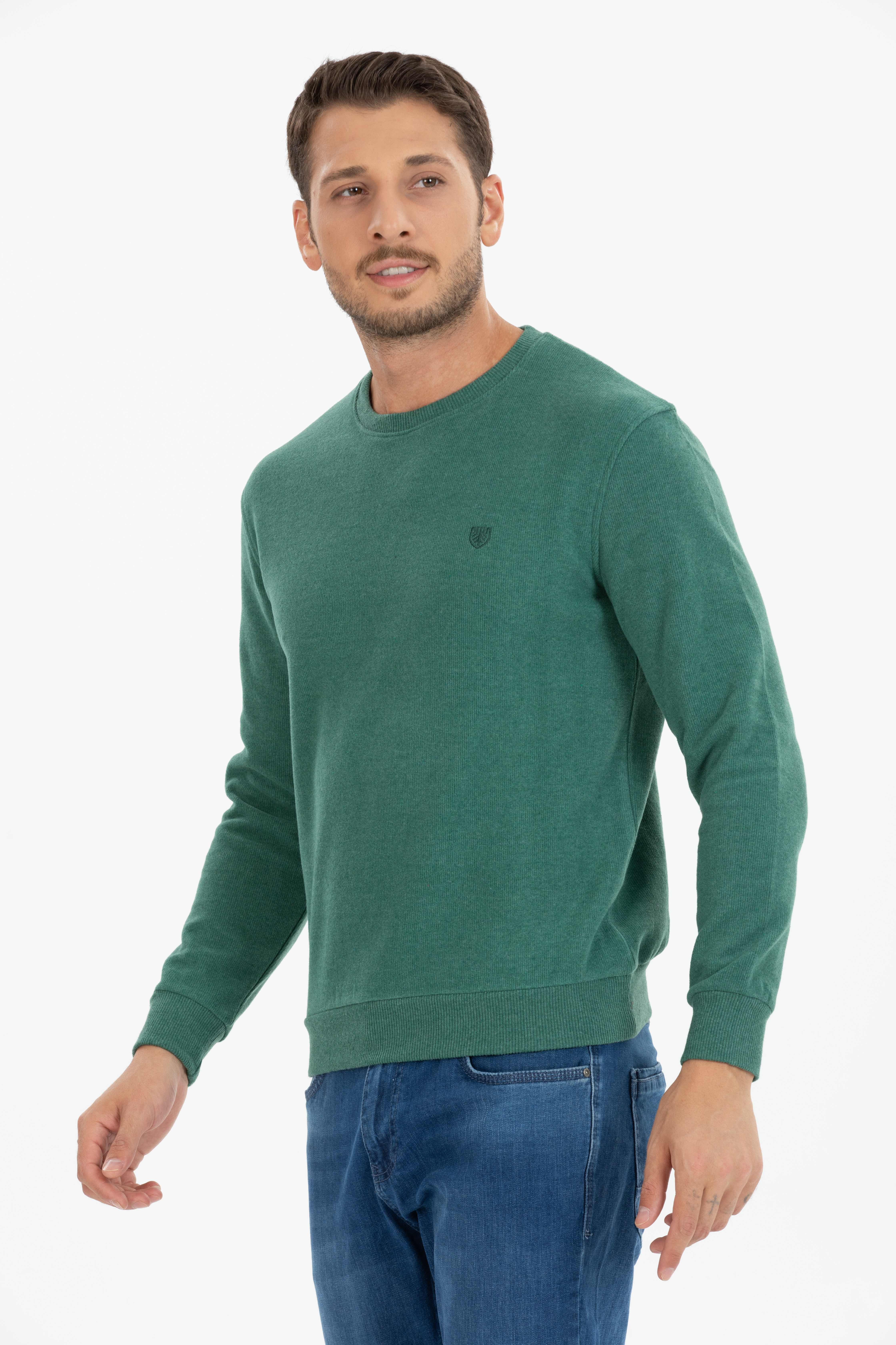 Basic 0 Yaka Model Yeşil Uzun Kollu Sweatshirt