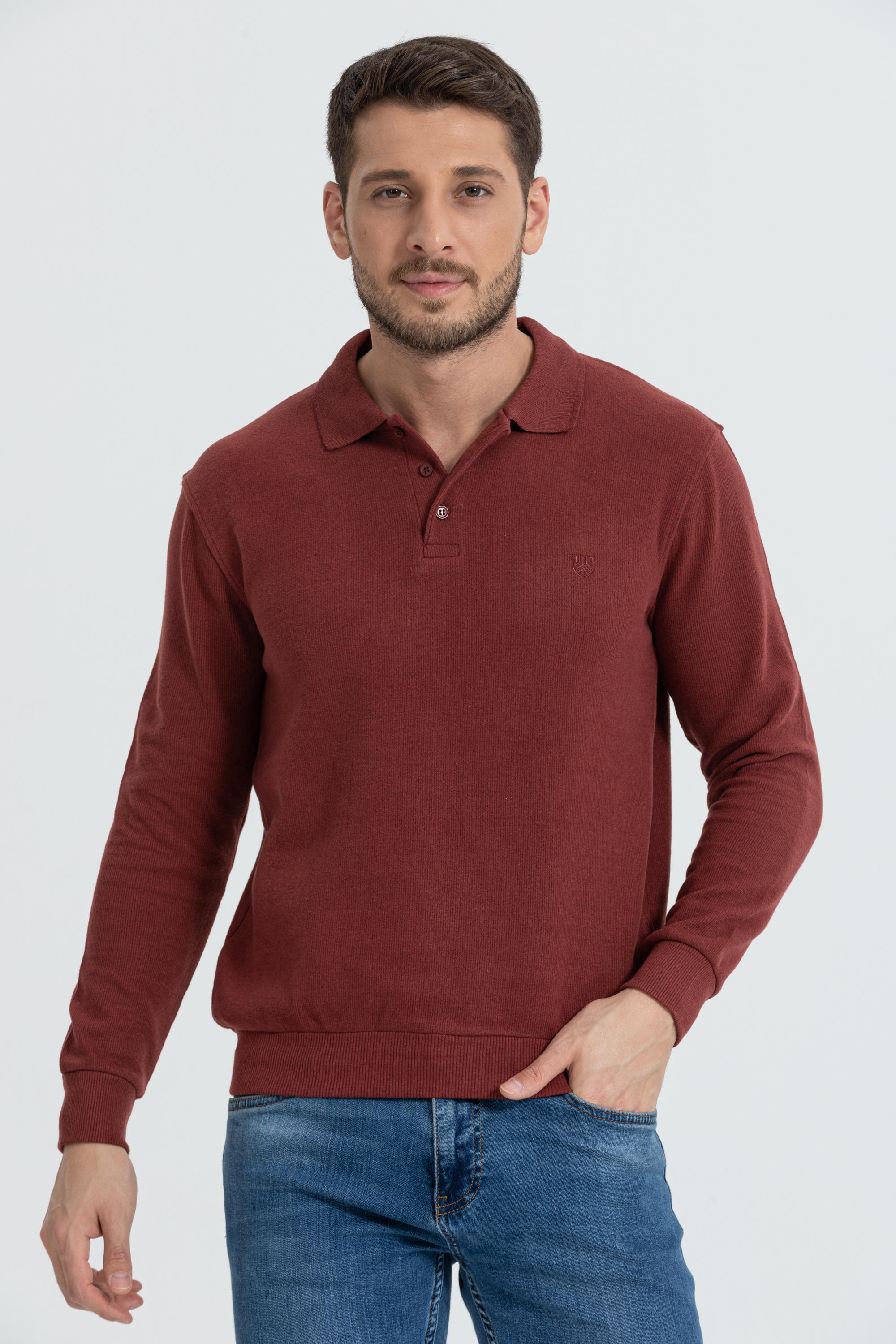 Polo Yaka Selanik Model Kiremit Uzun Kollu Sweatshirt