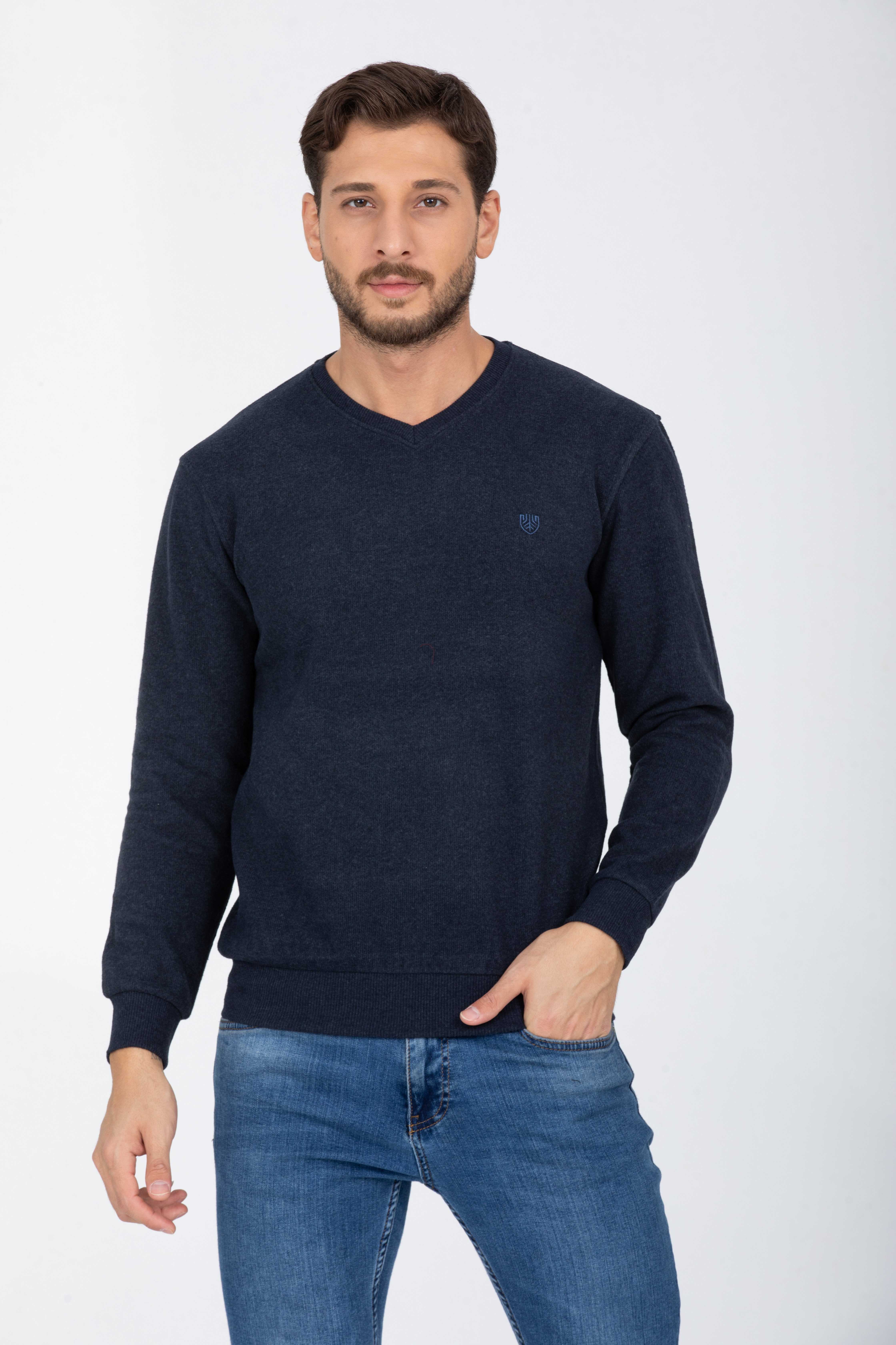 V Yaka İndigo Uzun Kollu Sweatshirt