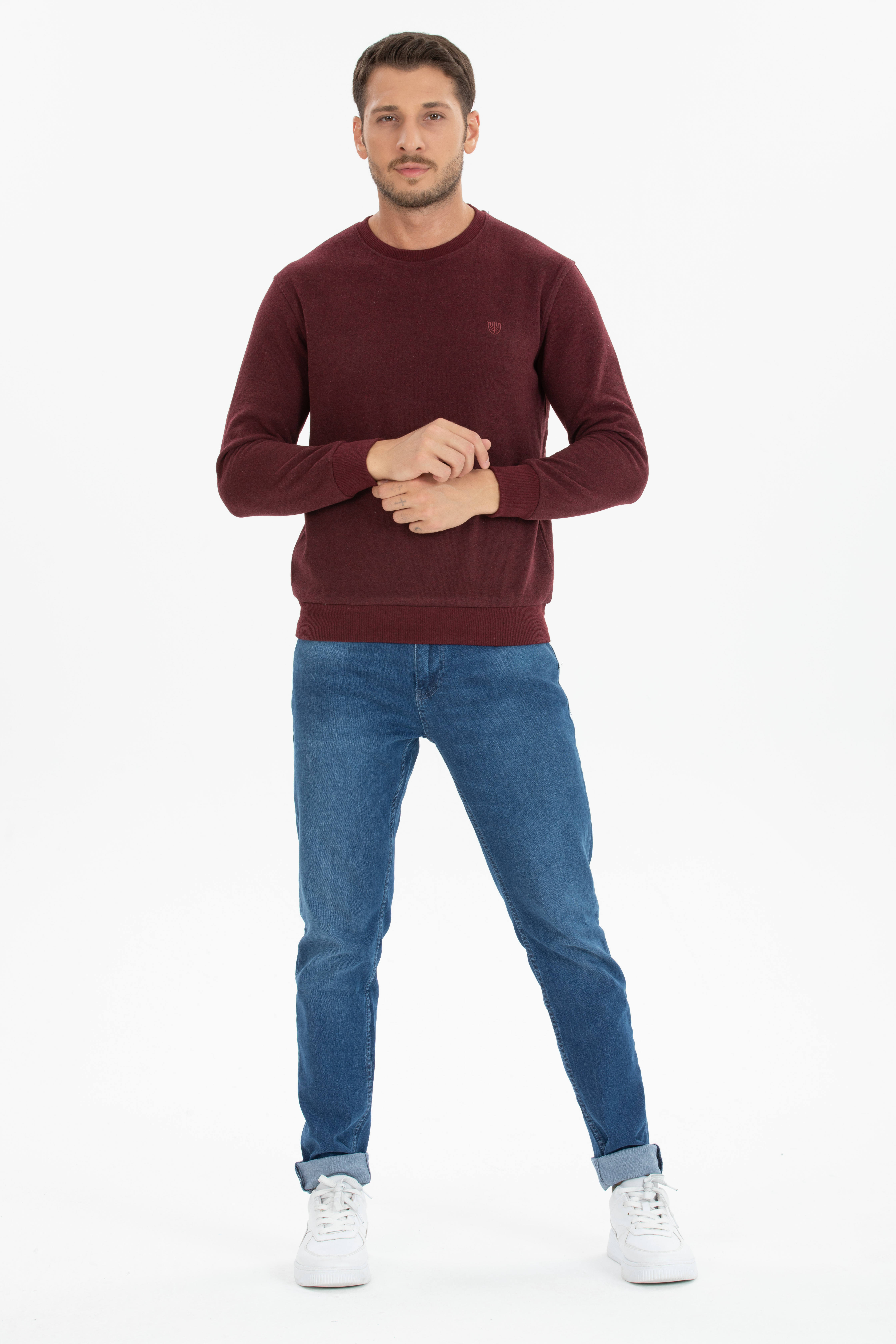 Basic 0 Yaka Model Mürdüm Uzun Kollu Sweatshirt