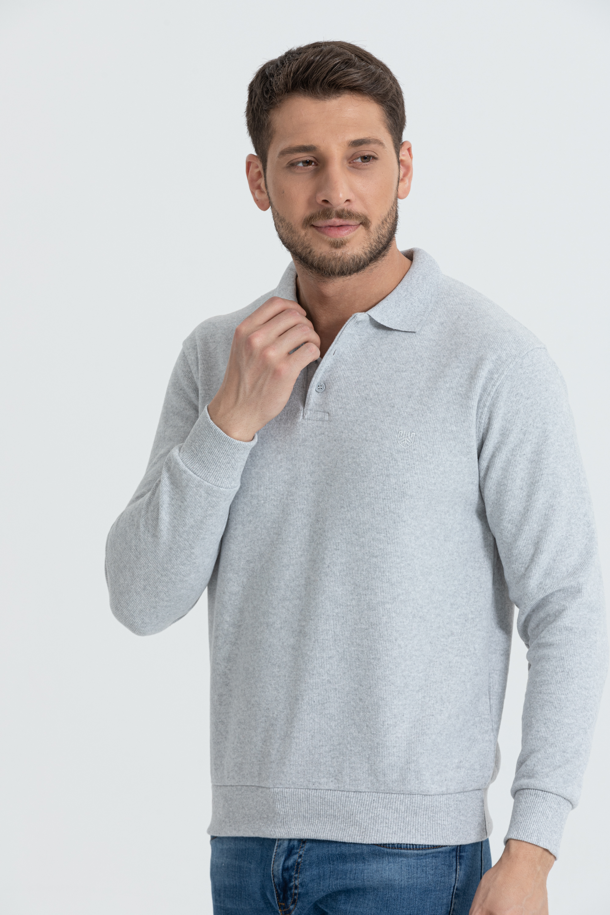 Polo Yaka Selanik Model Açık Gri Uzun Kollu Sweatshirt