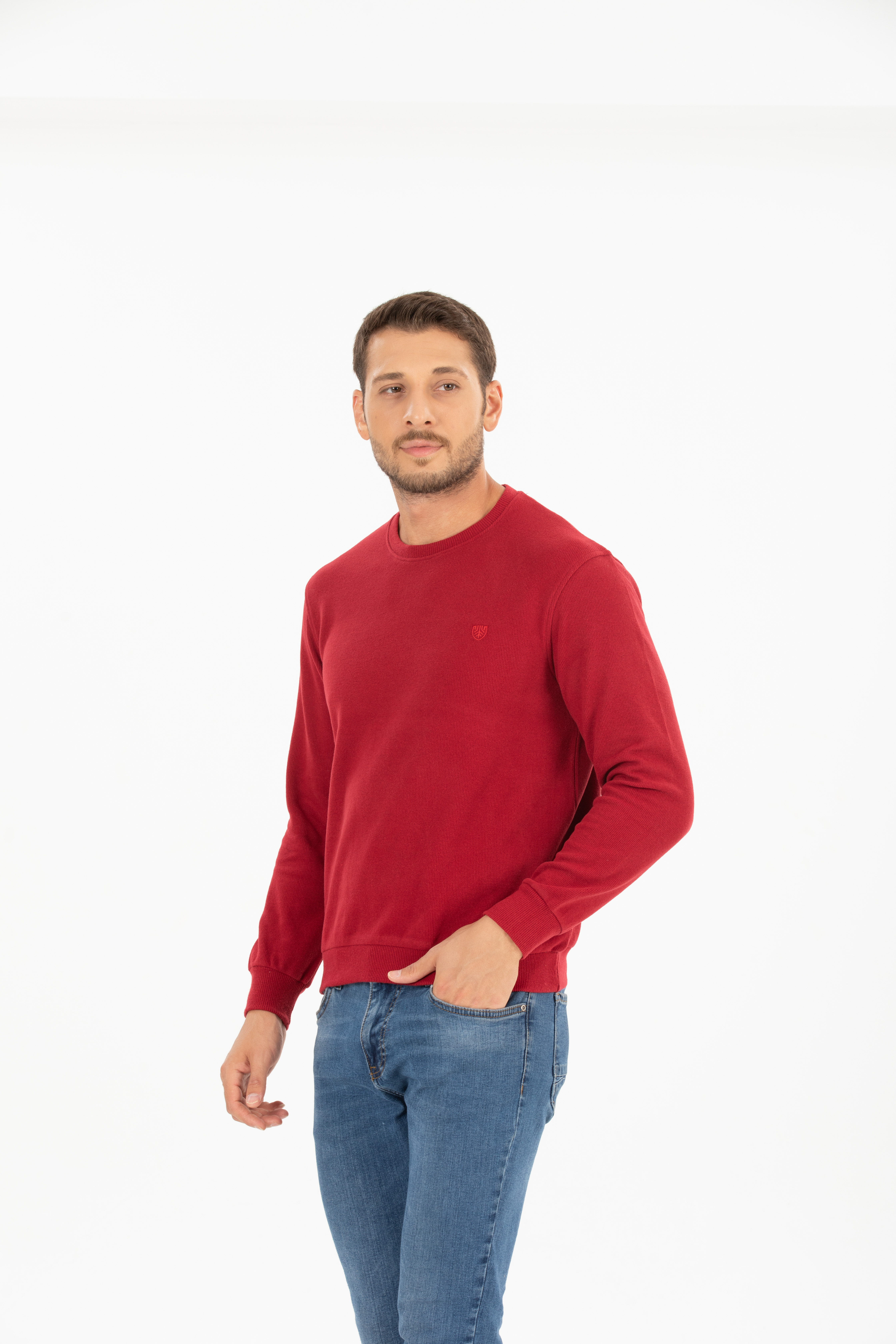 Basic 0 Yaka Model Kırmızı Uzun Kollu Sweatshirt